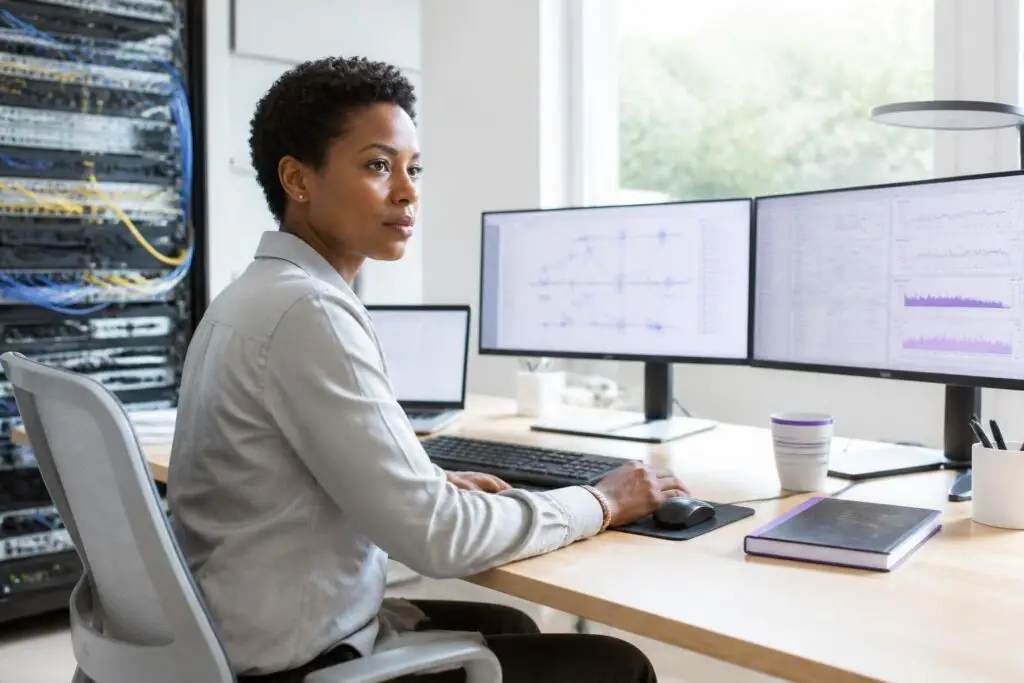 A person working at a desk with multiple monitors and a server rack in the background.