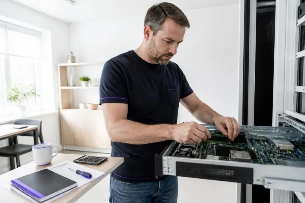 A man is working on a server in a bright room.