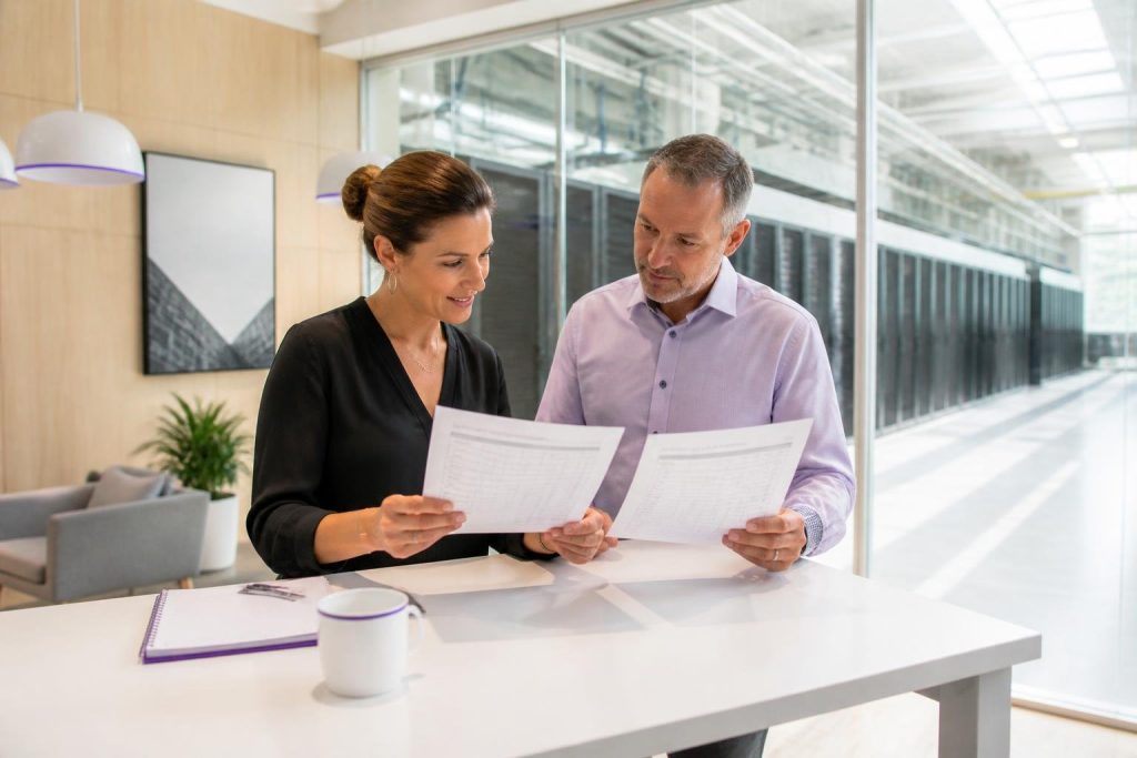 Two people are looking at documents in a modern office with a server room in the background.