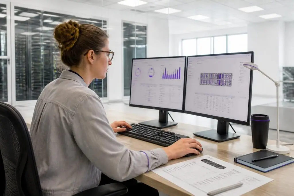 A person is working at two monitors in an office overlooking a server room.