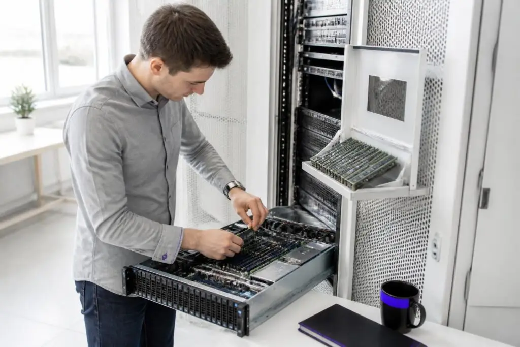 A man is working on a server rack with RAM modules.