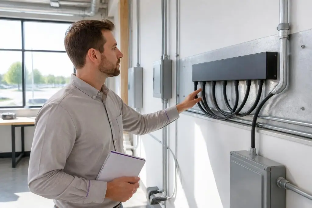 A man inspects an electrical distribution panel.