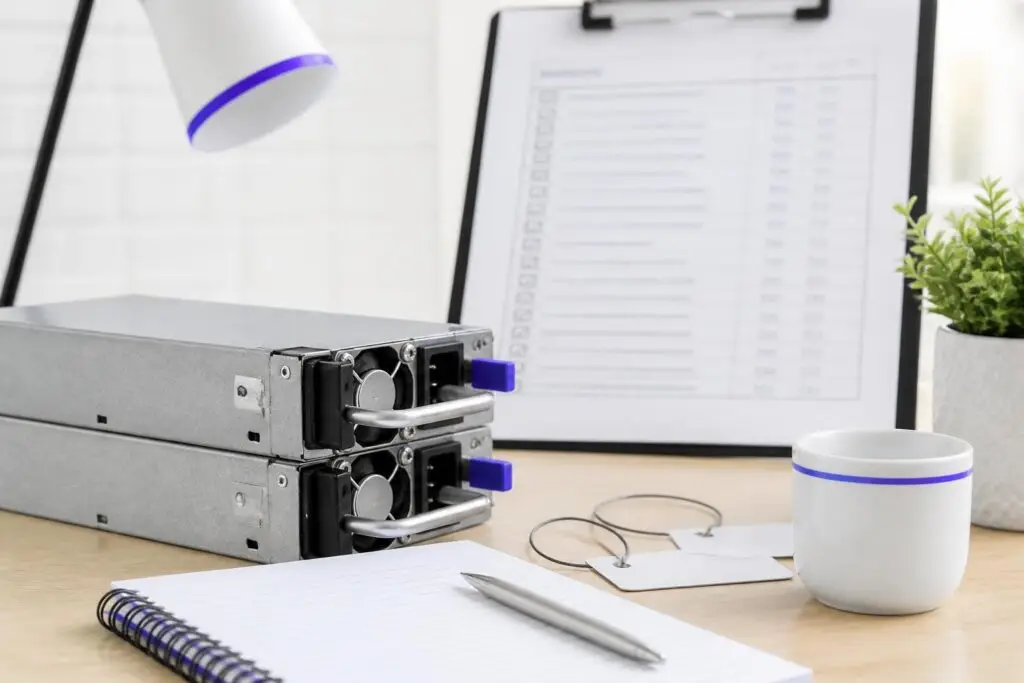Two redundant power supplies on a desk with office items.