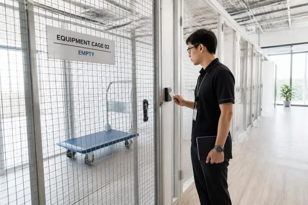 A man stands in front of an empty equipment cage holding an access card.