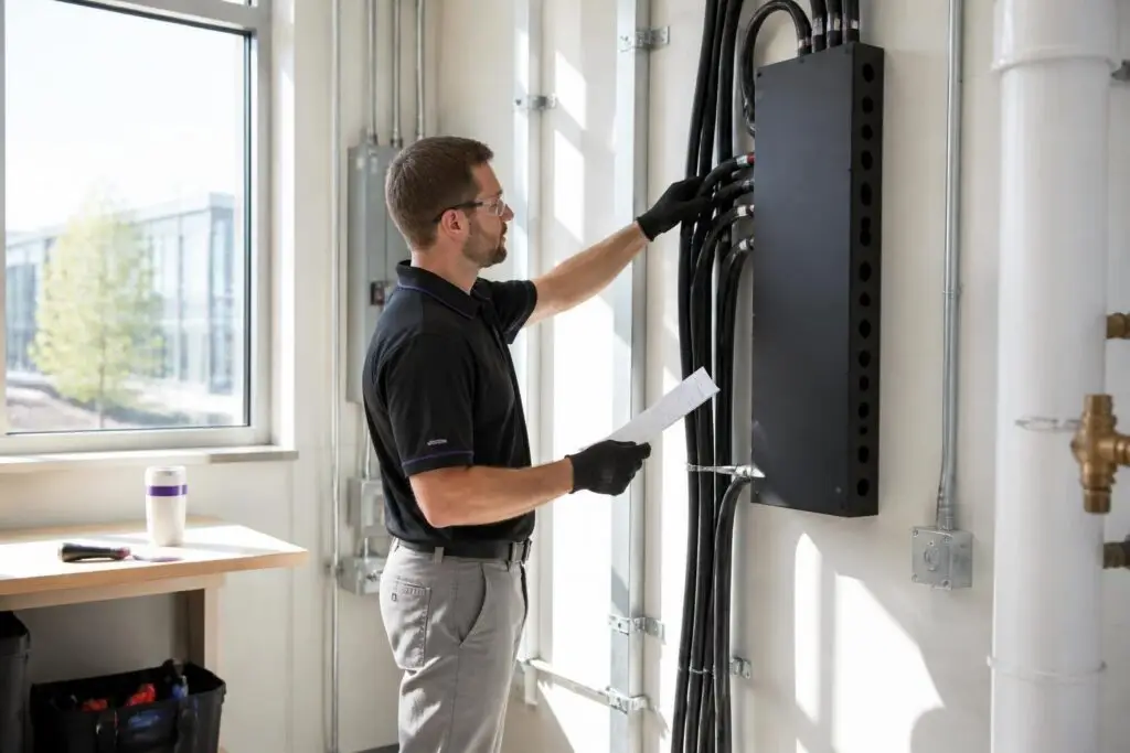 A man is inspecting cables in a technical room.