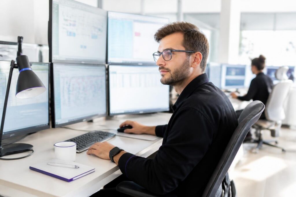 A man is working at multiple computer screens in an office.