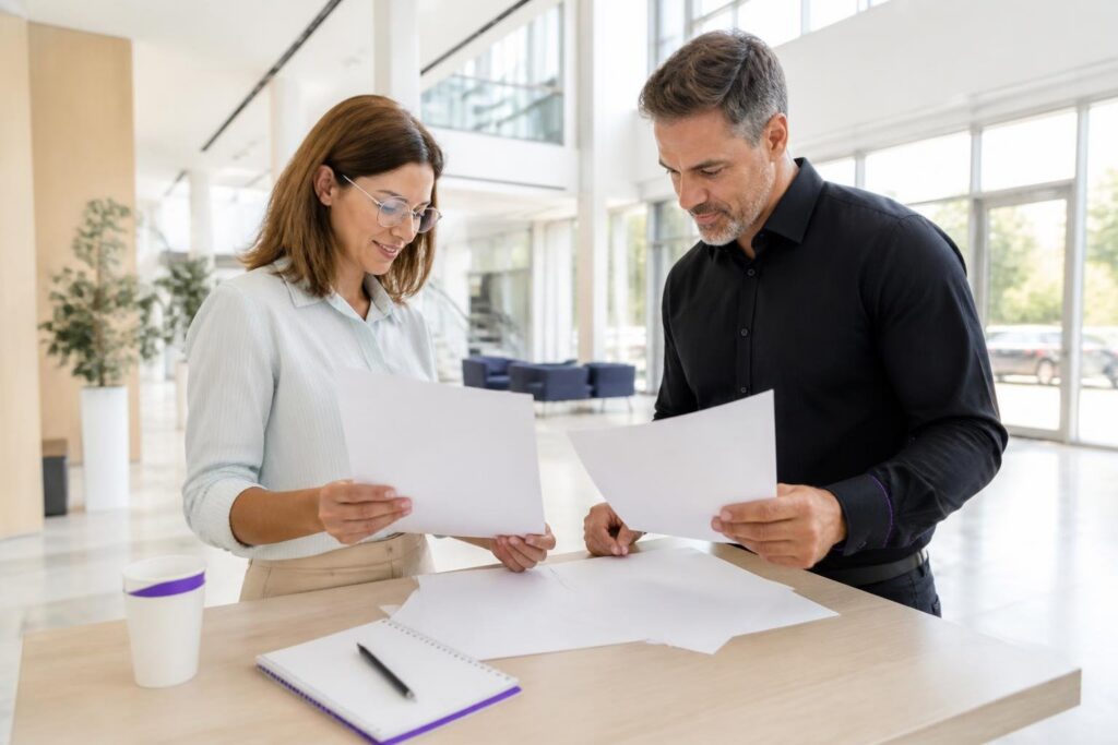 Two people are looking at documents in a modern office.