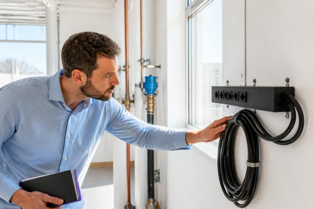 A man inspects a wall installation with cables.