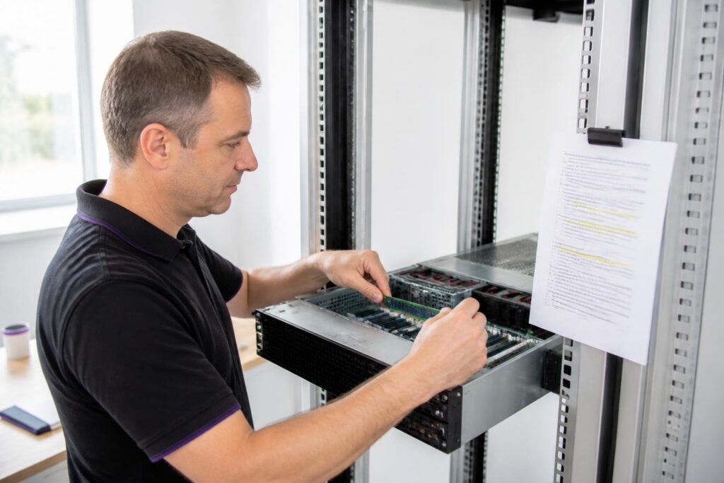 A man is working on a server rack with a document on the side.