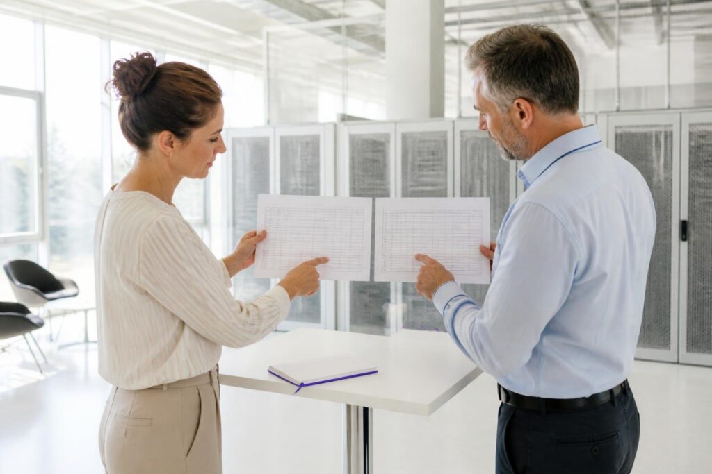 Two people discussing documents in a modern office.