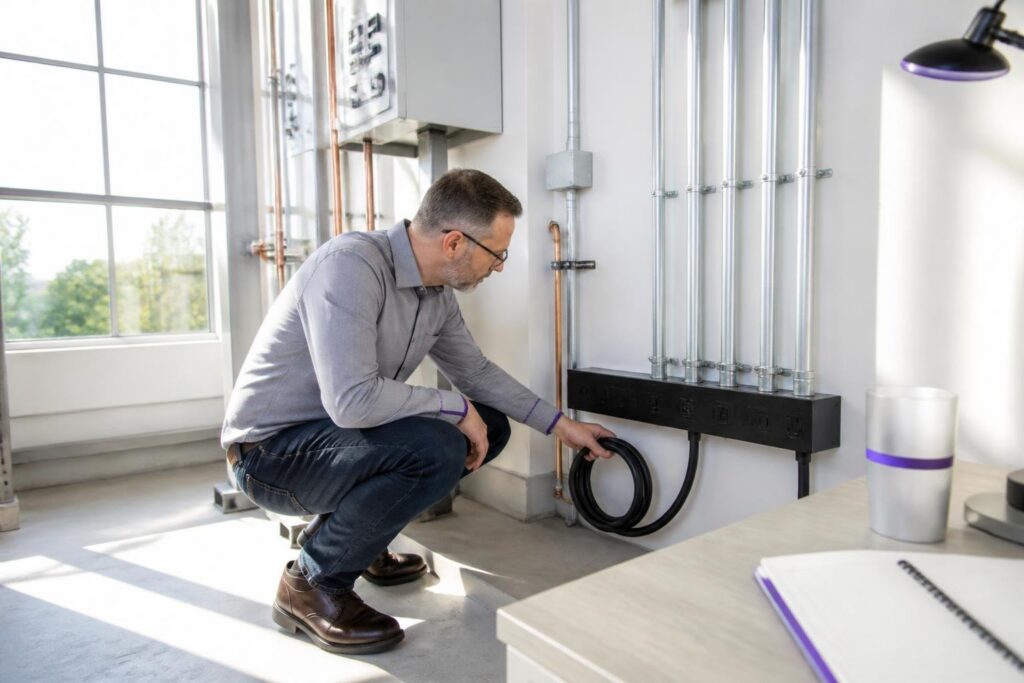 A man inspects cables in a technical room.
