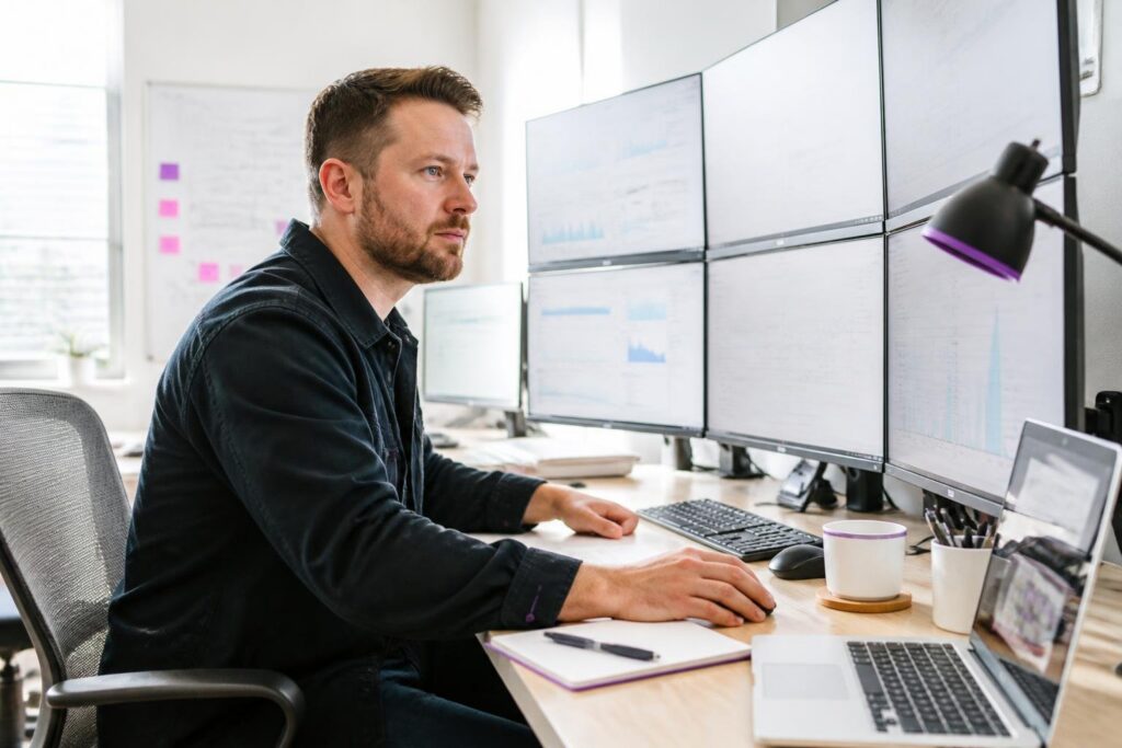 A man is working at multiple monitors in an office.