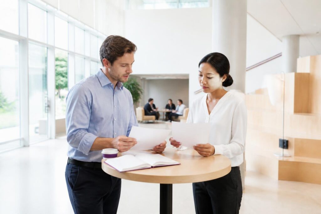 Two people stand at a table reviewing documents in a modern office.