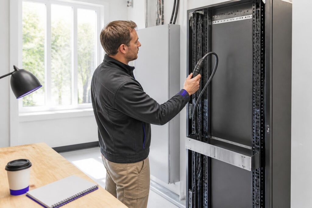 A man is working on an empty server rack in a bright room.