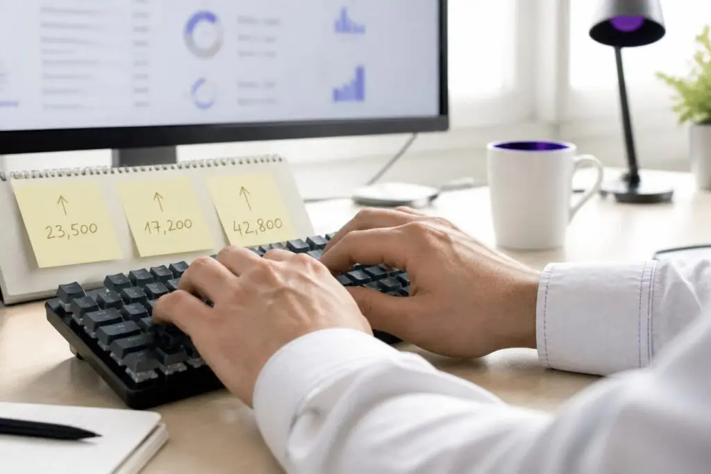 Hands typing on a keyboard in front of a monitor with charts and notes with numbers.