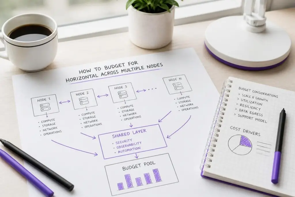 A desk with diagrams and notes on budgeting across multiple nodes.
