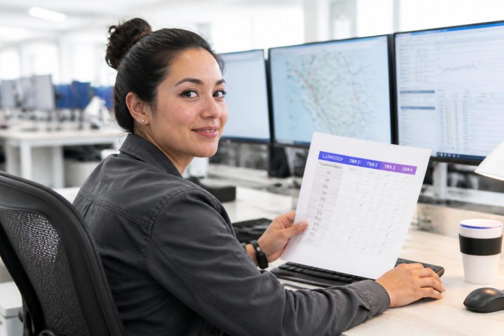 A woman holds a document with tables in front of multiple computer screens.