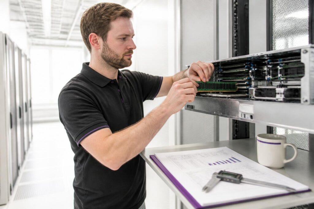 A man is working on a server in a data center.