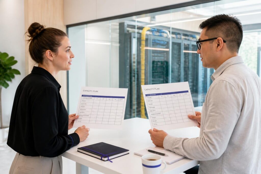 Two people discussing capacity plans in an office with a server room in the background.