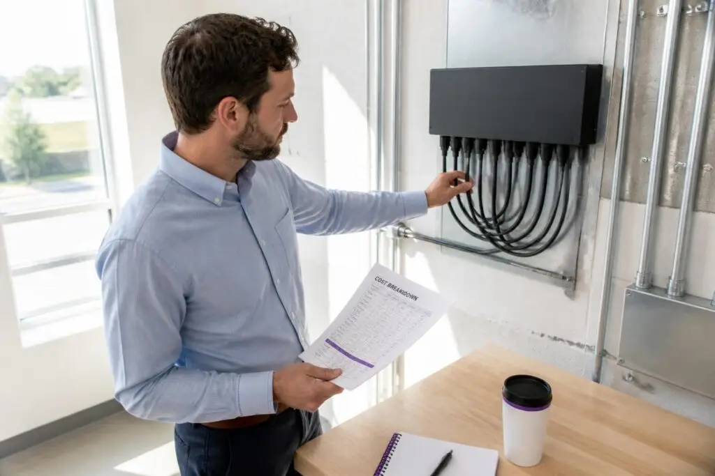 A man in an office holds a document labeled 'Cost Breakdown' and looks at cables on a wall.