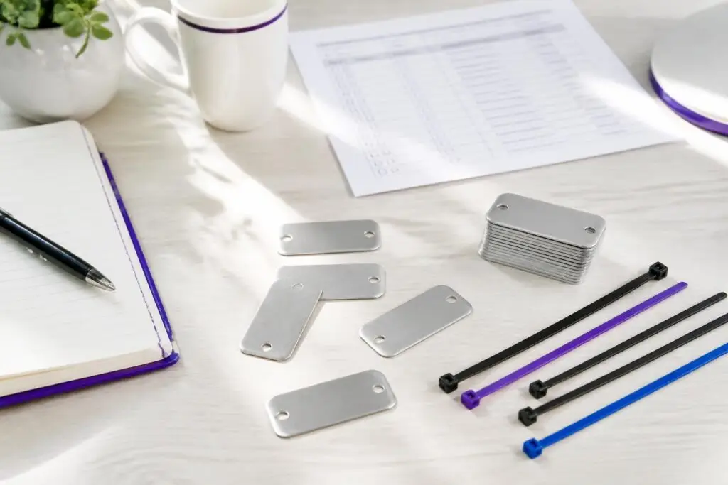 A desk with a notebook, pen, cable ties, and metal tags.
