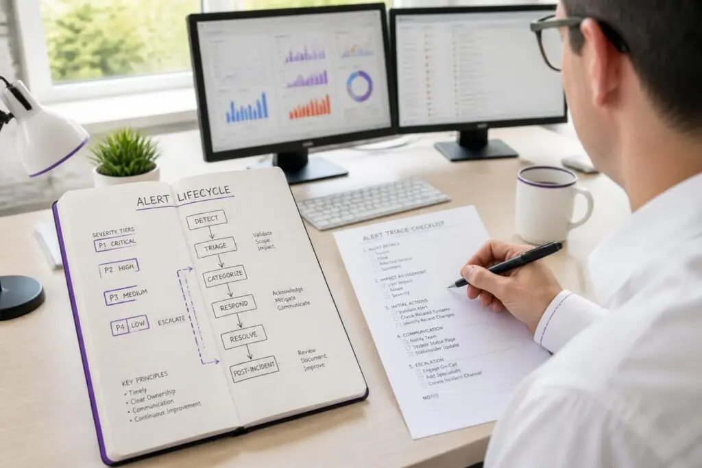 A man looks at a notebook with an alert lifecycle diagram and a checklist on a desk with monitors.