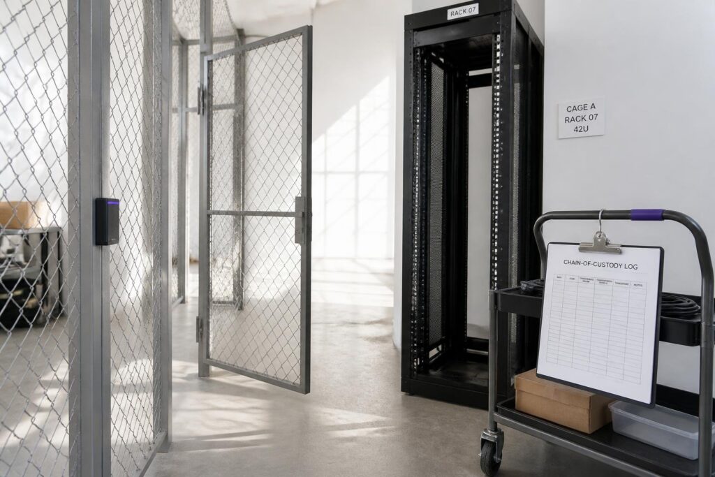 An empty server rack in a secured area with a clipboard for chain-of-custody logs.