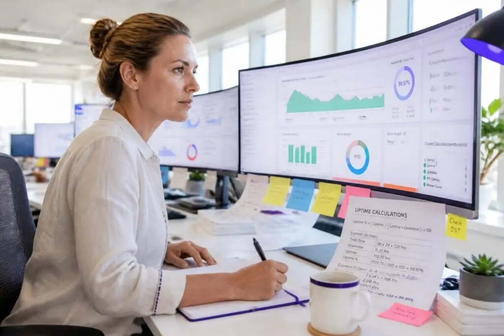 A woman works at a desk with multiple screens displaying charts and statistics.