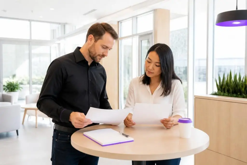 Two people stand at a table looking at documents.