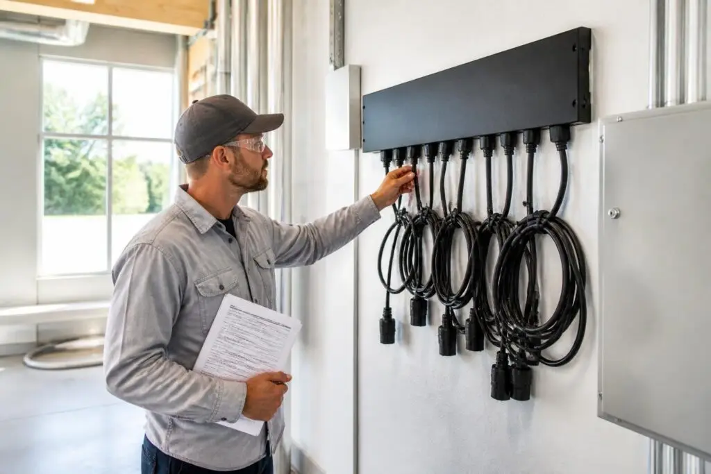 A man inspects cables on a wall.
