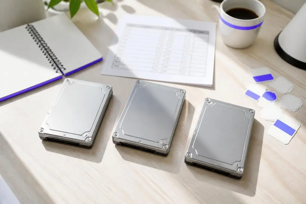 Three hard drives on a desk with a notebook and coffee cup.