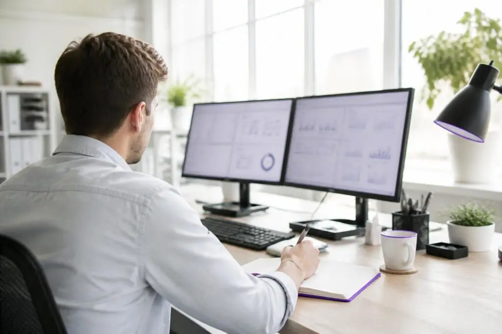 A man working at a desk with two monitors.