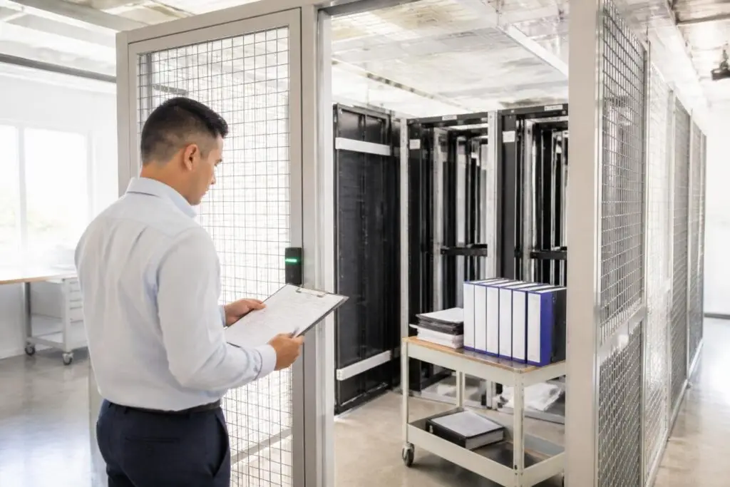 A man stands in front of a server room holding a clipboard.