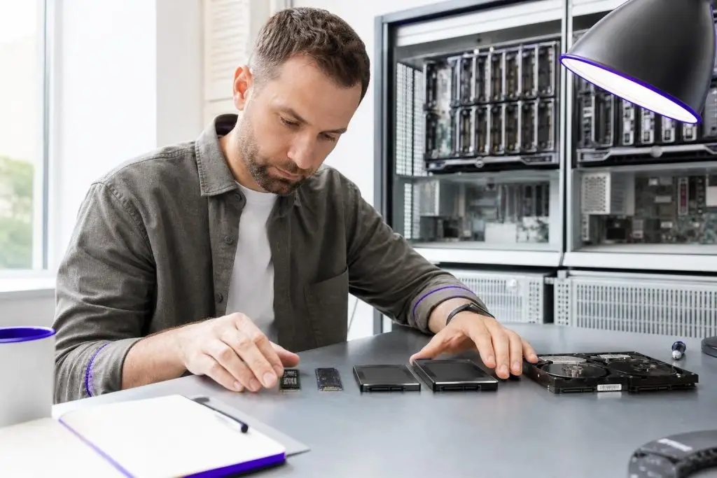 A man examines various storage drives on a table in front of a server rack.