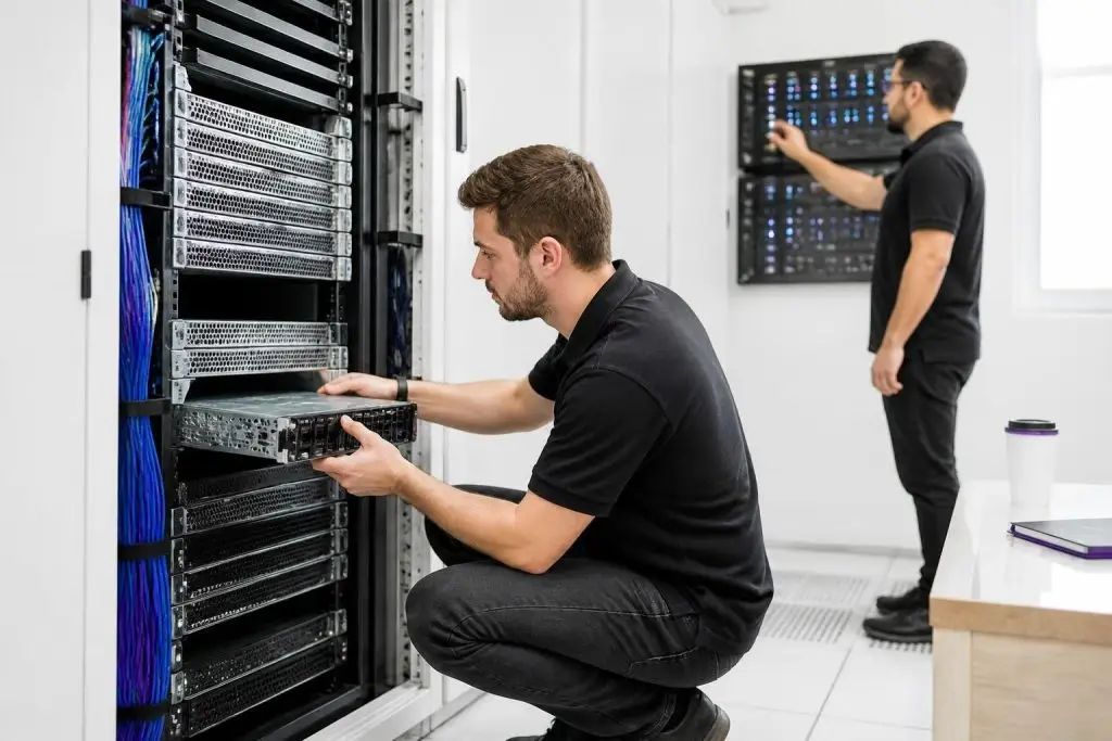 Two men working in a server room, one pulling a server from a rack.