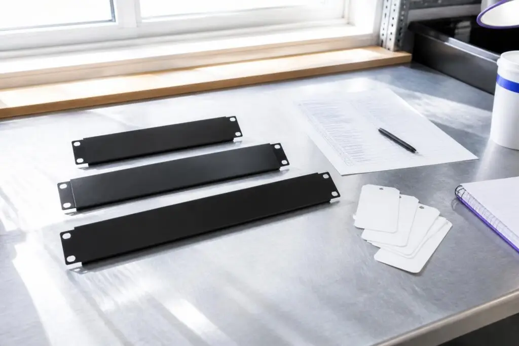 Three black metal plates and a sheet of paper with a pen on a table.