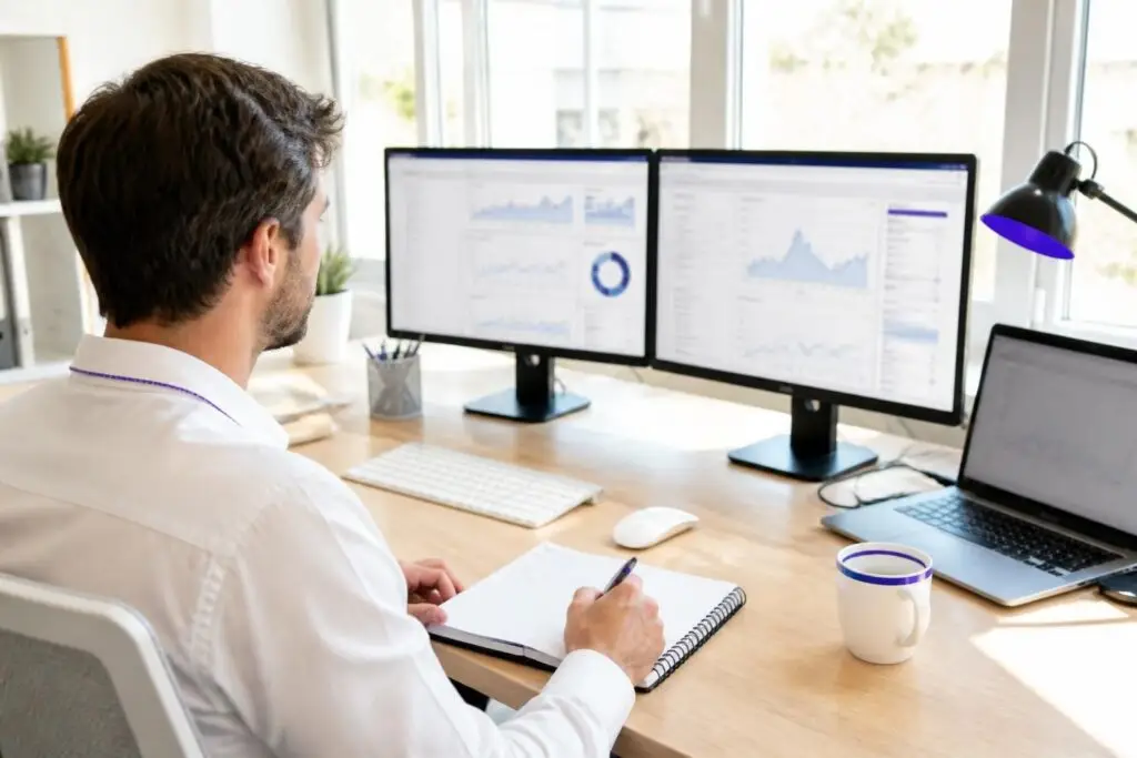 A man sits at a desk looking at charts on two monitors.