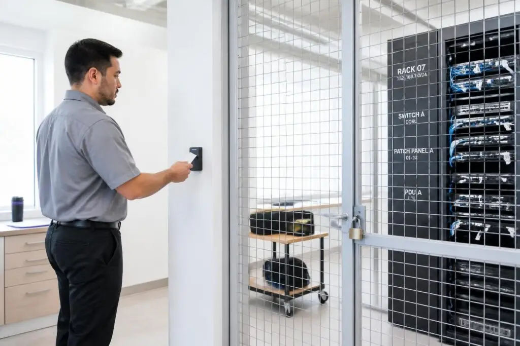 A man is using a card to open a door to a server room.