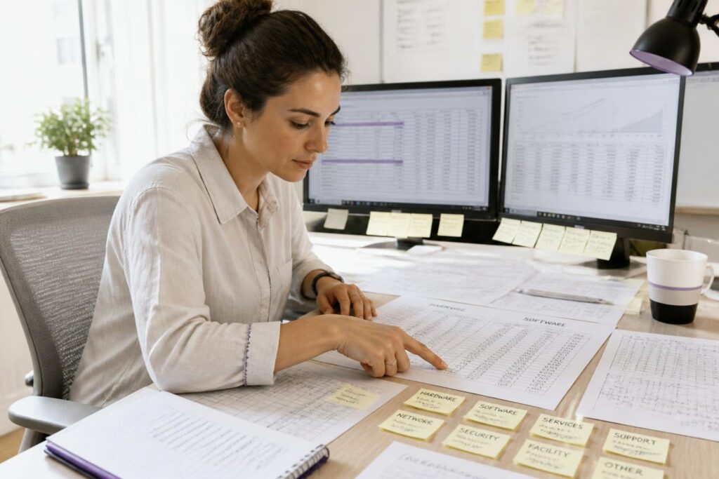 A woman working at a desk with documents and two monitors.