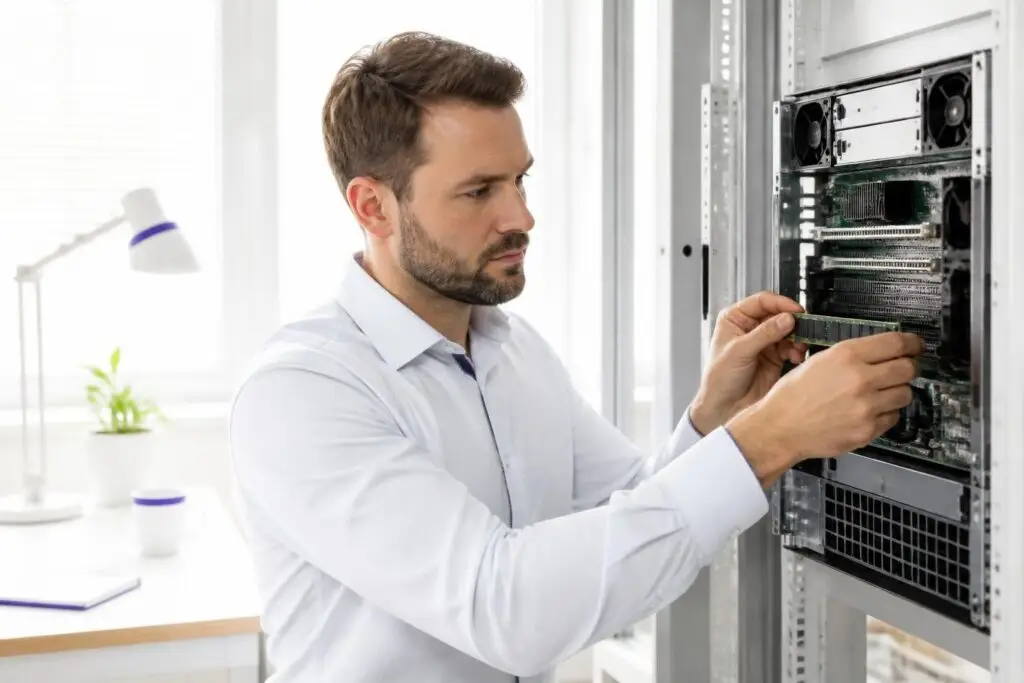 A man is working on a server in a bright room.