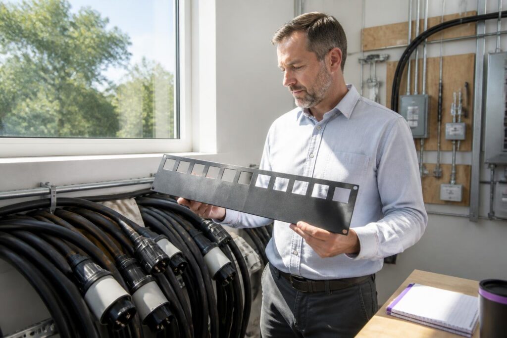 A man holds a rack panel in a room with cables and electrical boxes.