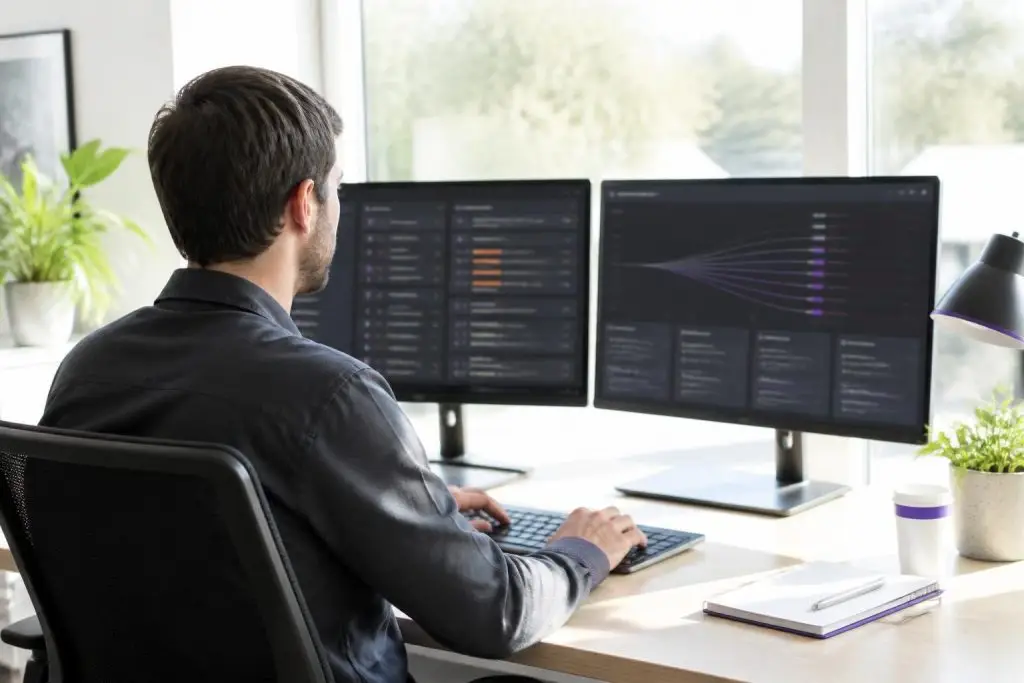 A man works at two monitors displaying technical diagrams.