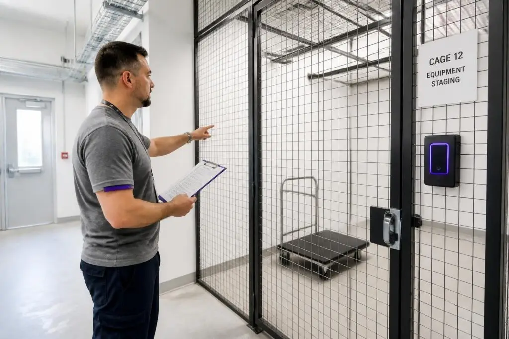 A man points at a locked cage in a technical room.