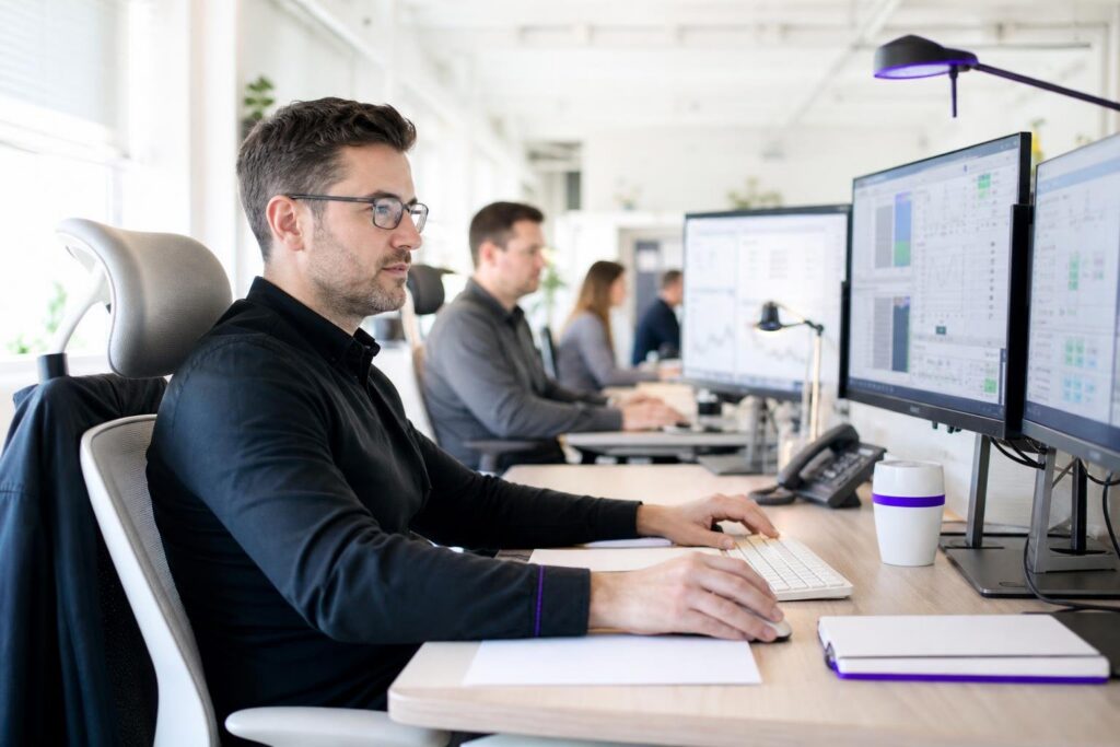Several people working on computers in an office.