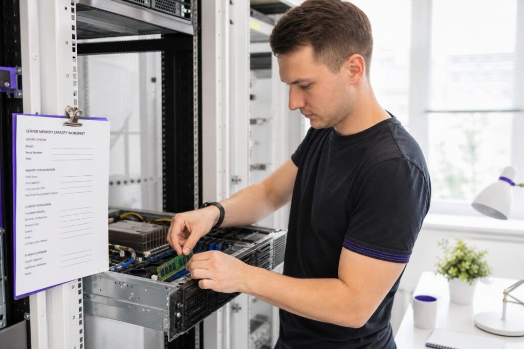 A man is working on a server in a server room.