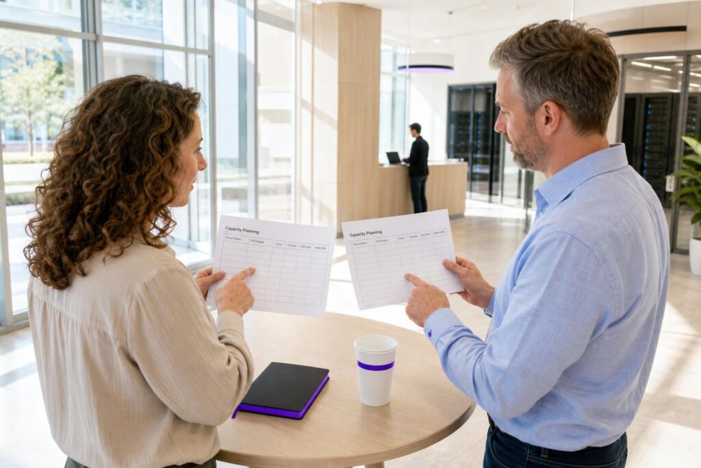 Two people discussing capacity planning in a modern office.
