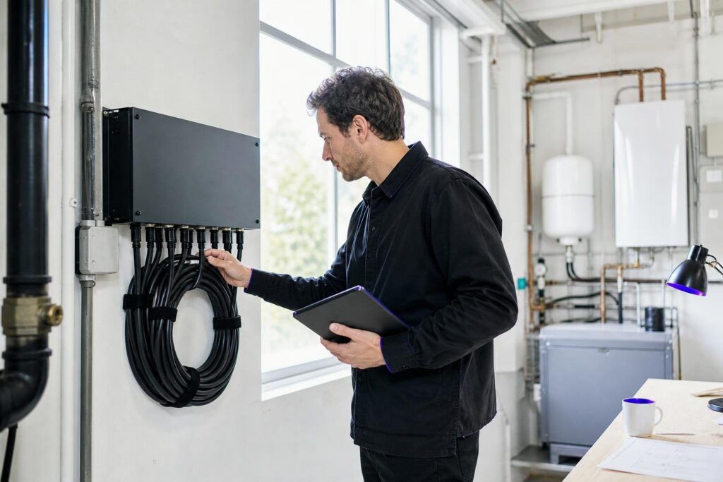 A man checks cable connections at a wall installation.
