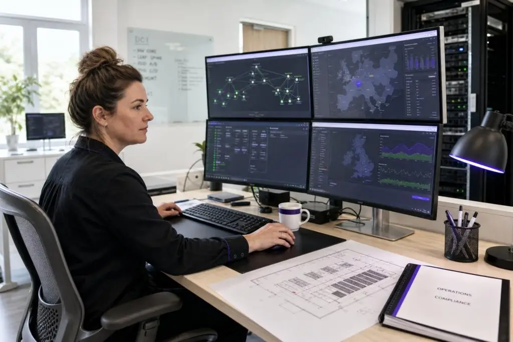 A woman works at multiple monitors displaying server data in an office.