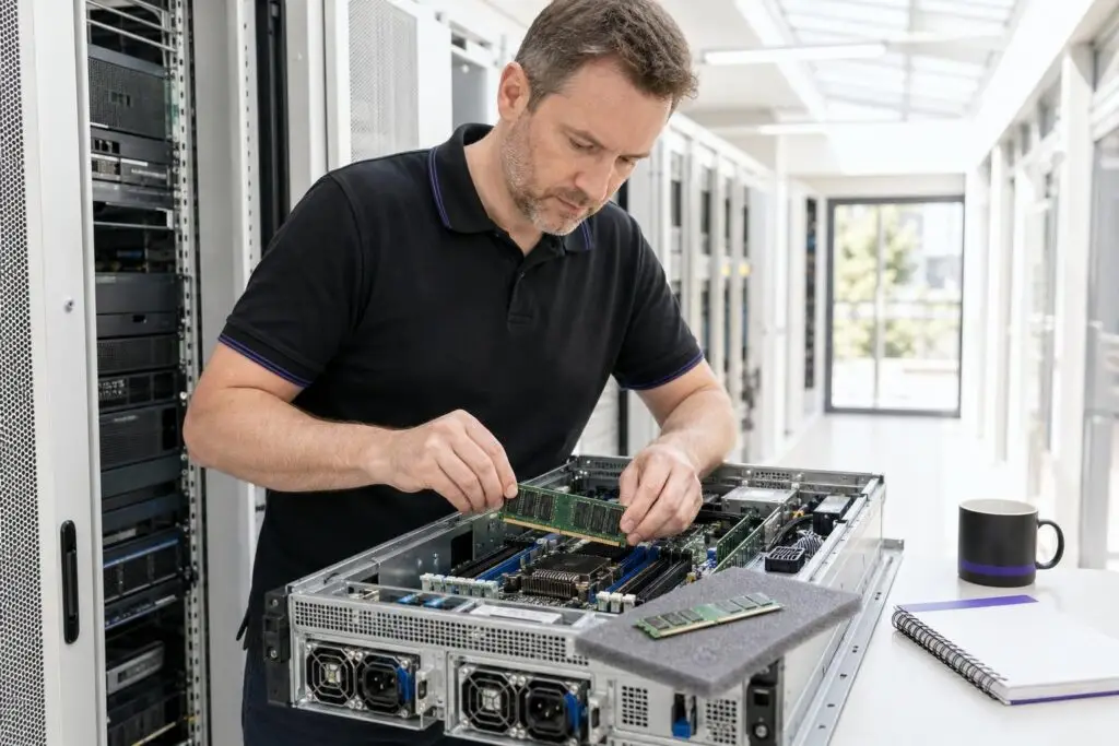 A man is working on hardware in a server room.