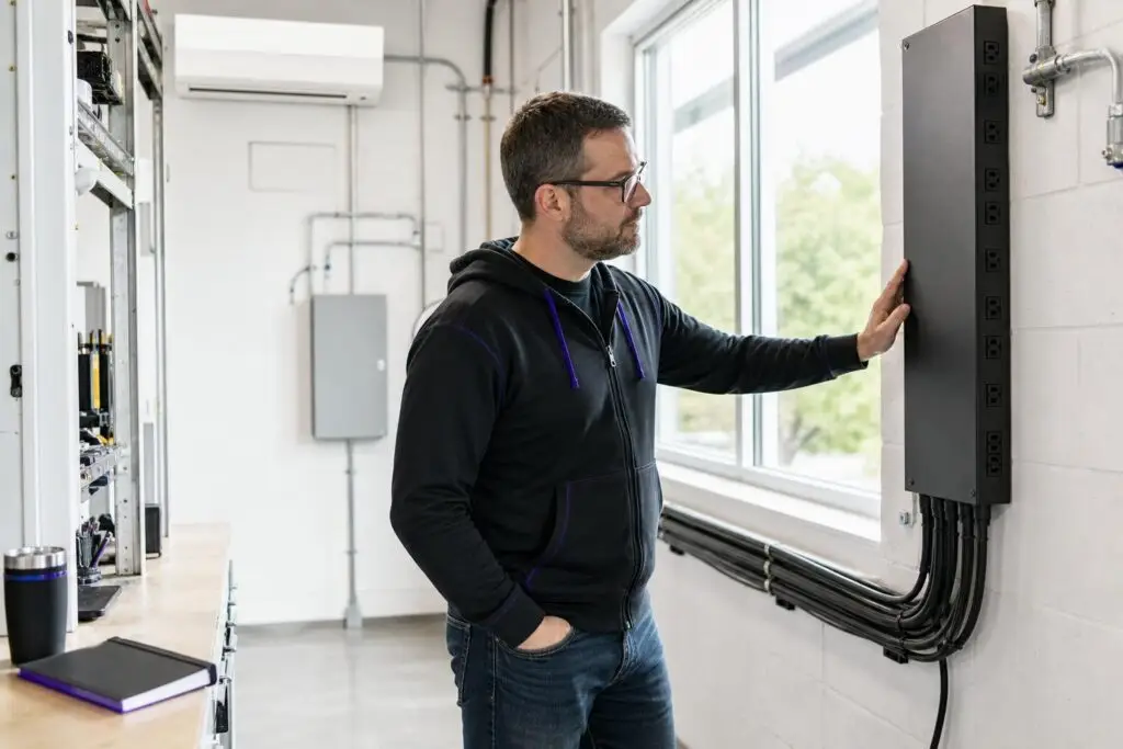 A man in a server room touches an electrical panel on the wall.
